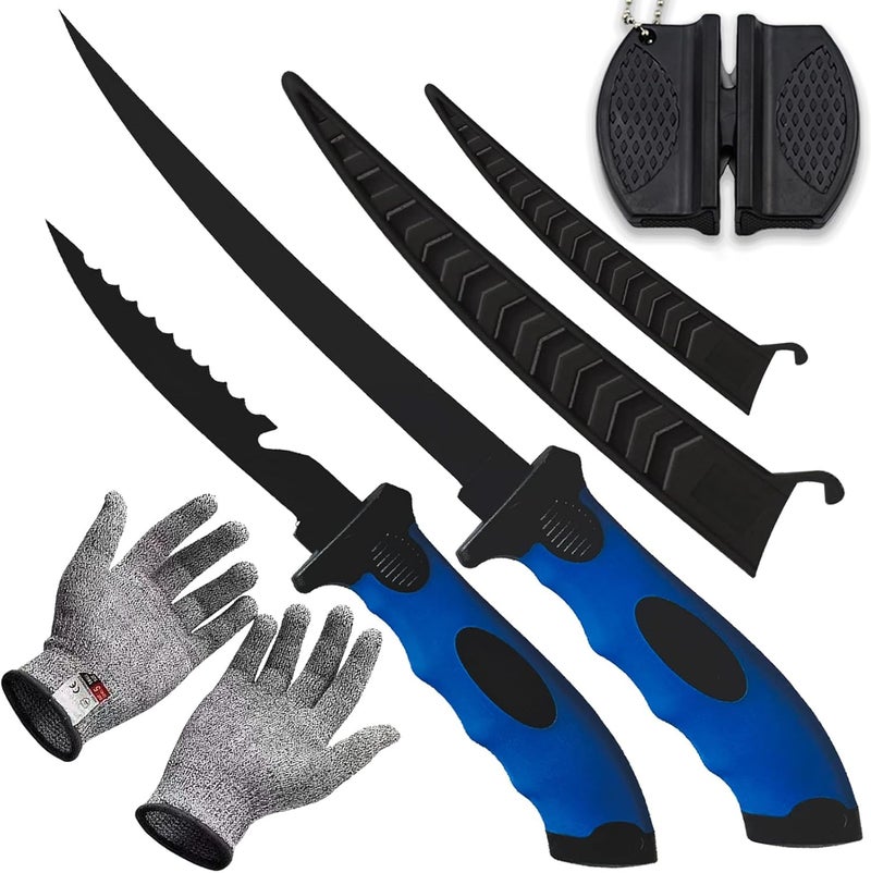 HOWORR 2PCS fillet knife Set, 5 & 7 inch Stainless Steel filet knife for fish, Fishing Gear, Fishing Tool Set, Fishing Accessories Gifts, Non-Slip Handles, with Sharpener and Cutting Resistant Gloves, Blue - Image 1